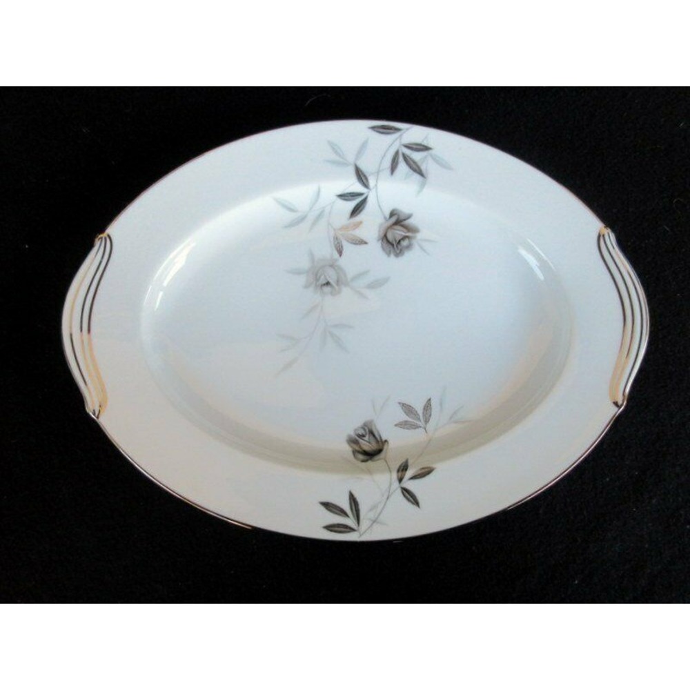 Noritake Rosamor 9" Oval Serving Platter Gray Roses/Black‎ Leaves Platinum